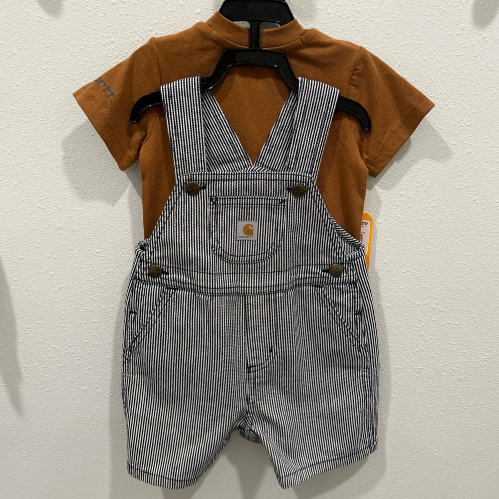 NWT Carhartt Kids Striped Overalls with Brown Shirt 12 MONTH